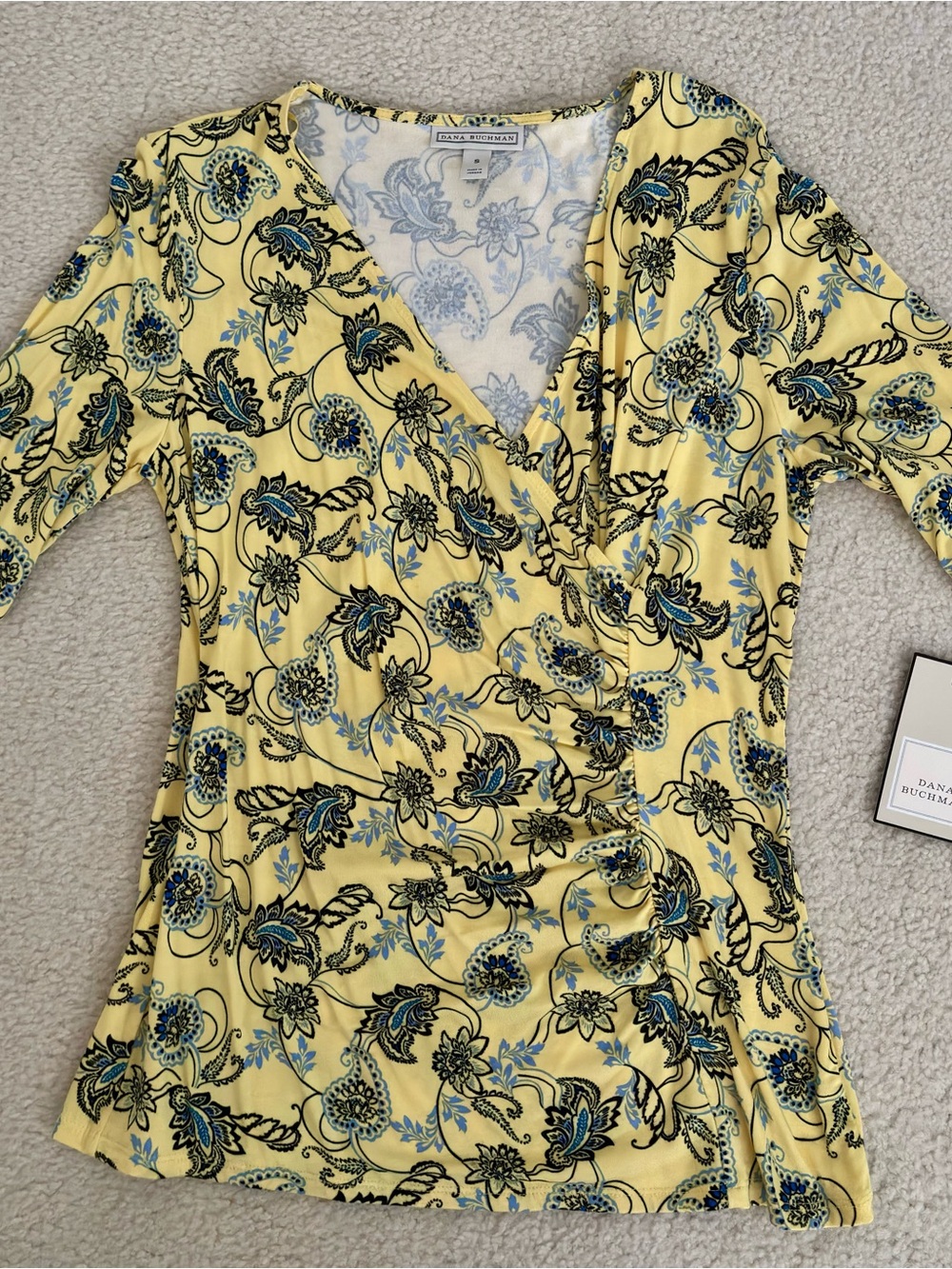 Dana Buchman Women’s Yellow Floral Wrap-Style Women's Top Size S